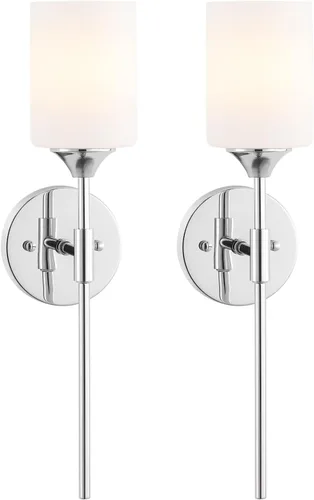 Miniatura 12 de BYOLIIMA Juego de 2 apliques de pared dorados con pantallas cilíndricas blancas de vidrio, luminarias modernas de pared para tocador de baño