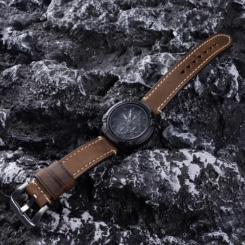 Miniatura 2 de Correa de reloj de pulsera de cuero genuino marrón oscuro de 0.945 in para hombres con hebilla de acero inoxidable