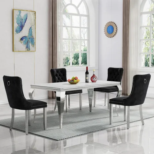 Miniatura 56 de HomVent Juego de mesa de comedor moderna de mármol sintético para 4 personas, mesa de cocina rectangular con 4 sillas beige (dorado)