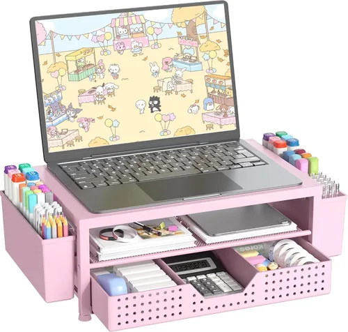 Miniatura 14 de OPNICE Soporte elevador de monitor doble con cajón y 2 soportes para bolígrafos, organizador de escritorio para suministros de oficina, soporte