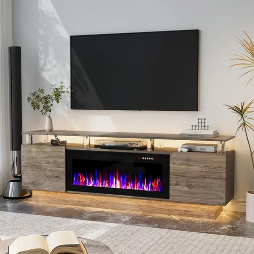 Miniatura 11 de Soporte de TV con chimenea de 36 pulgadas, soporte de TV negro de 70 pulgadas para sala de estar, moderno soporte de TV con chimenea eléctrica