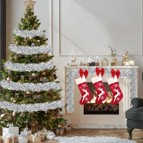 Miniatura 6 de Guirnalda de oropel plateado de 50 pies para decoraciones de árbol de Navidad, guirnalda metálica brillante con torsión colgante para Navidad