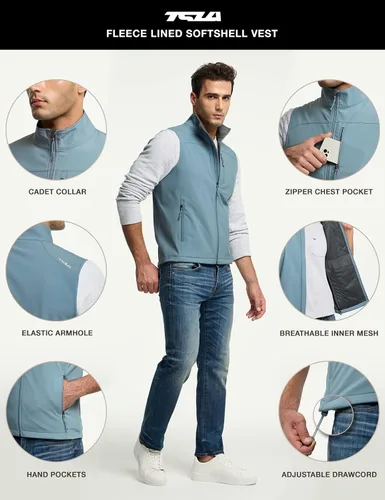 Miniatura 3 de TSLA - Chaleco Softshell sin mangas para hombre, chaleco cortavientos con cremallera completa, chaleco de senderismo, golf, viajes al aire libre.