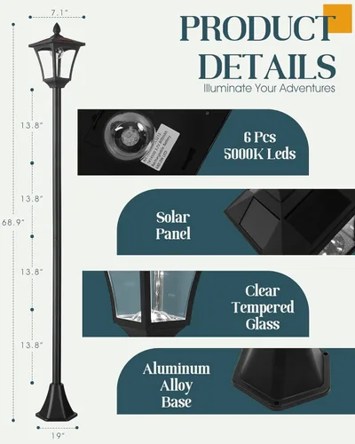 Miniatura 6 de Lámpara solar de 70 pulgadas para poste de luz exterior impermeable IP65, postes de lámpara solar iluminación al aire libre, luces LED exteriores