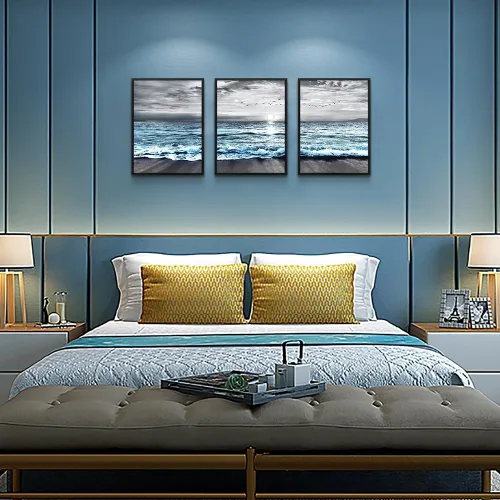 Miniatura 5 de Arte en lienzo enmarcado en negro para decoración de sala de estar y dormitorio - Pintura de pared de playa en blanco y negro - Imágenes de olas