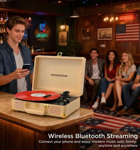 Miniatura 4 de Tocadiscos Bluetooth vintage, tocadiscos portátil de 3 velocidades con altavoces estéreo de graves integrados, fonógrafo de vinilo accionado por