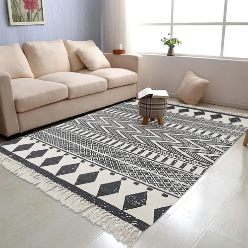 Miniatura 10 de USTIDE - Alfombra de algodón blanco y negro con borla