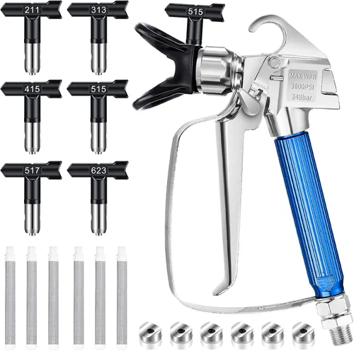 Pistola pulverizadora de pintura sin aire, kit de 14 piezas con 6 puntas de pulverización reversibles, 6 filtros y asiento de boquilla para máquina