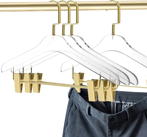 Miniatura 3 de Perchas acrílicas transparentes de calidad 40 para faldas y pantalones, elegante colgador con ganchos dorados, organizador de armario para adultos