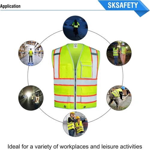 Miniatura 8 de SKSAFETY Chaleco de seguridad de 10 bolsillos, clase 2 de alta visibilidad con cremallera, chaleco de alta visibilidad con tiras reflectantes