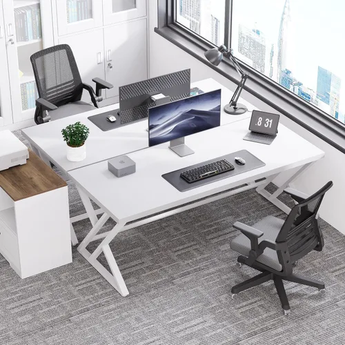 Miniatura 8 de LVB Escritorio Moderno Blanco para Computadora, Escritorio Industrial Largo para Oficina en Casa para Estudiante, Escritorio Grande de Metal y Roble