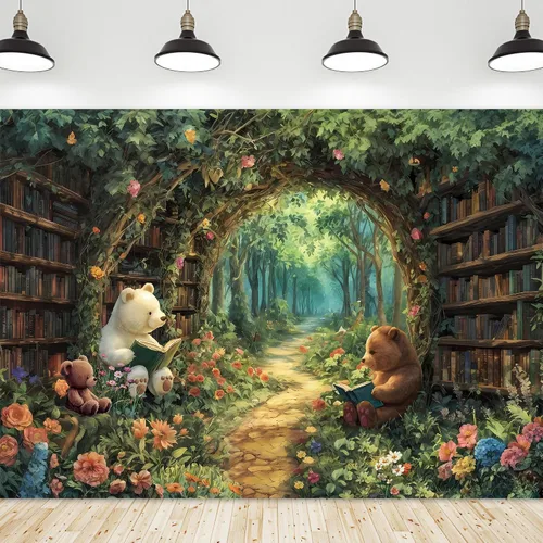 Miniatura 7 de Riyidecor Fondo de Biblioteca de Hadas Tela de Poliéster Estantería Árbol Encantado Bosque 5 Pies de Ancho x 3 de Alto Verde Jardín Libro Planta