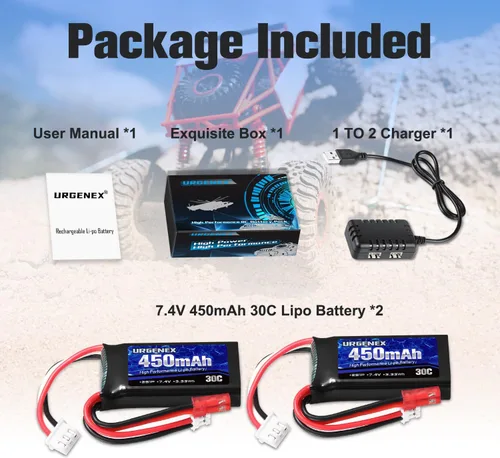 Miniatura 7 de 7.4V Lipo 2S 30C 450mAh Batería recargable Lipo con enchufe JST y PH2.0 SCX24 con cargador USB 1 a 2 Compatible con la mayoría de vehículos RC