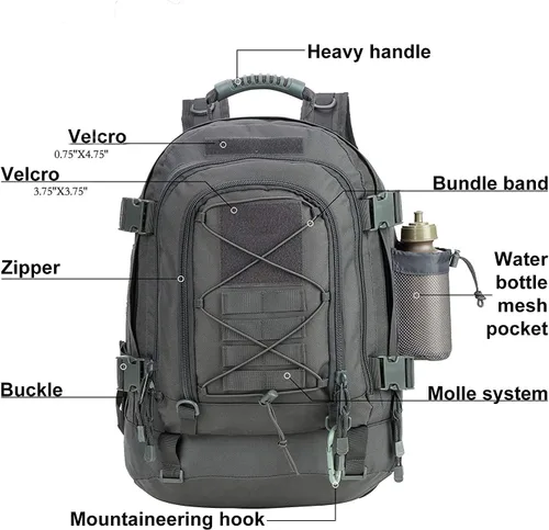 Miniatura 4 de Mochila táctica militar expandible 40-64L Bolsa de 3 días Senderismo Gimnasio Deporte Camping Gris