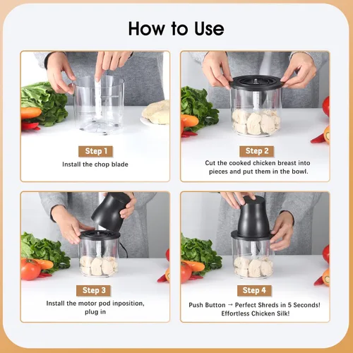 Miniatura 5 de Procesadores de alimentos, trituradora de pollo eléctrica 2 en 1 y picadora de alimentos con motor de cobre de 250 W, cuencos de 1.5 L y 2 cuchillas