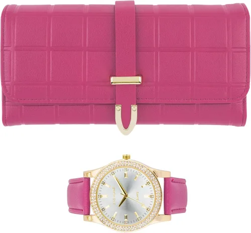Miniatura 11 de Reloj de pulsera de cuero dorado para mujer y cartera de tres pliegues a juego