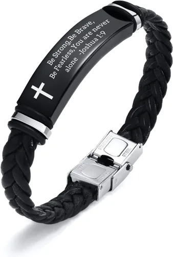 Miniatura 13 de Pulsera de cuero para hombre, regalo de sobriedad para hombre: cita inspiradora/versículo bíblico grabado, pulsera trenzada negra para hombre