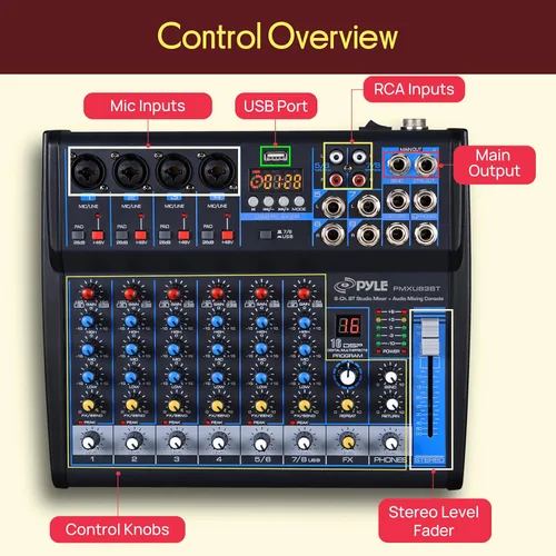 Miniatura 6 de Pyle - Mezclador de audio profesional, tablero de sonido, consola de mesa, sistema de interfaz de 8 canales, USB digital, Bluetooth, MP3, entrada