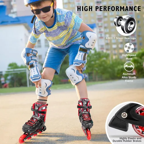 Miniatura 5 de Kuxuan skates Patines en línea ajustables para niños, jóvenes y adultos, patines iluminadores con ruedas iluminadas Rojo