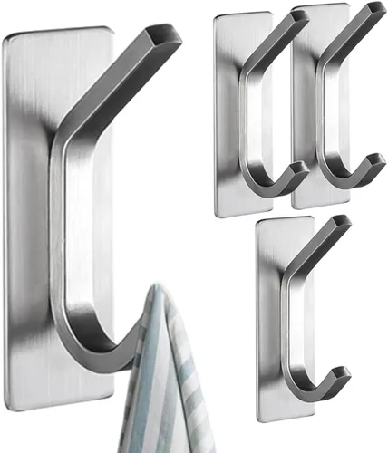 Miniatura 10 de 4 ganchos de pared autoadhesivos para colgar toallas y abrigos, colgador de doble gancho para pared, ganchos de toalla para baños, cocina A_plata