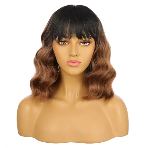 Miniatura 5 de eNilecor Peluca de color negro a marrón para mujer, peluca de pelo corto ondulado rizado con flequillo, 14 pulgadas, disfraz de fiesta sintético