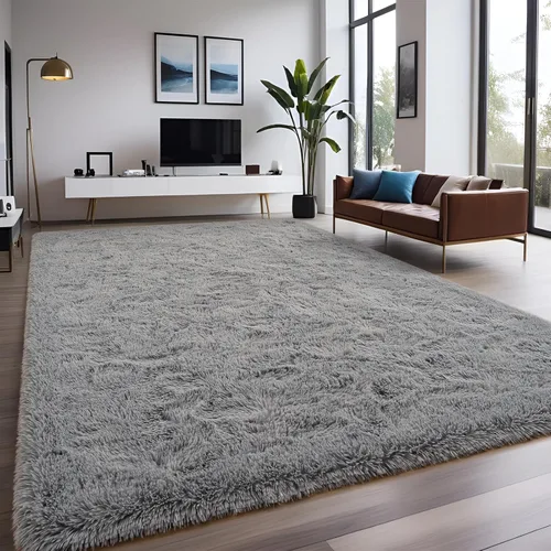 Alfombra gris grande de 6 x 9 pies para sala de estar, dormitorio, alfombra de área de pelo mullido, alfombra de felpa antideslizante para