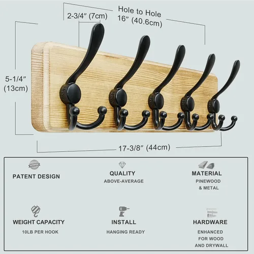Miniatura 6 de Dseap Perchero de Pared Montado - 5 Ganchos Triangulares, Resistente, Perchero de Pared de Madera para Abriggos, Sombreros, Chaquetas, Ropa, Negro