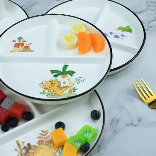 Miniatura 4 de 1 PIEZA Plato de Cerámica con Dinosaurio para Control de Porciones, Plato Dividido para Alimentación Racional, Plato Dividido para Postre, Plato