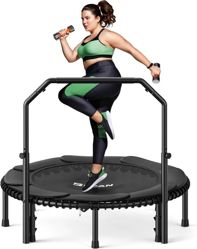 Miniatura 13 de BCAN BT2 - Mini trampolín de rebote de 450/550 libras para adultos con barra, trampolín de fitness con cuerdas elásticas, mango ajustable, estable