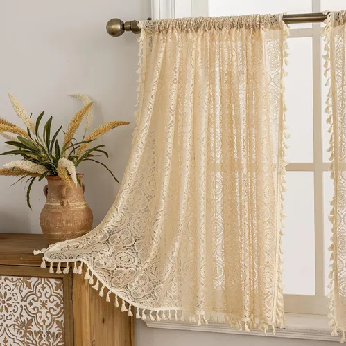 Miniatura 31 de YJ YANJUN - Cortinas de café boho, 24 pulgadas de largo, 2 paneles, cada una de 59" de ancho x 24" de largo, beige, con crochet, cortinas de cocina