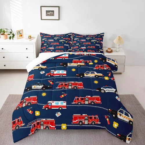 Miniatura 6 de Feelyou Juego de ropa de cama de camión de bomberos, edredón de coche de bomberos y policía para decoración de habitación de niños, tamaño Multi D05