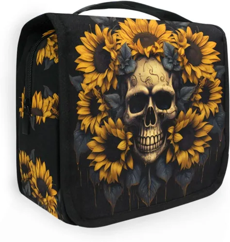 Miniatura 9 de MNSRUU Neceser colgante con diseño de calavera y girasol, bolsa de maquillaje de viaje para artículos de tocador, organizador de artículos
