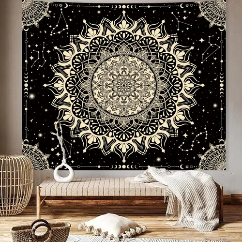Miniatura 7 de Apdidl Tapiz bohemio de mandala negro para estética de dormitorio, decoración hippie, astrología espacial, arte de pared, tapices de techo, manta