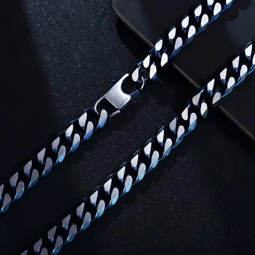 Miniatura 51 de YAMI Cadena de eslabones cubanos para hombre, azul/negro/oro de 14 quilates, acero inoxidable de 0.394-0.472 in de grosor, collar de cadena
