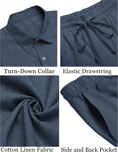 Miniatura 27 de COOFANDY Conjunto de 2 piezas de algodón y lino para hombre, camisas de manga corta con botones, pantalones cortos de playa de verano, trajes
