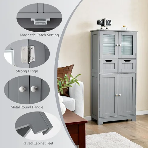 Miniatura 6 de Giantex Armario de almacenamiento para piso de baño, armario independiente con 2 puertas de vidrio, 2 cajones y estantes ajustables, organizador