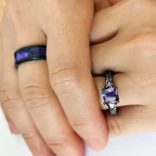 Miniatura 3 de XAHH Anillos para parejas para él y ella, chapado en oro negro, anillo de boda de promesa para mujer, circonita cúbica púrpura, circonita cúbica