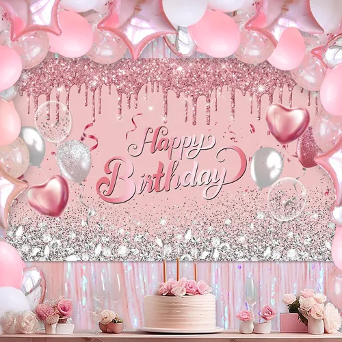 Miniatura 2 de Avezano Telón de fondo de cumpleaños de oro rosa con globos de purpurina rosa y plateado - Cartel para sesión de fotos de cumpleaños de 16, 18, 21