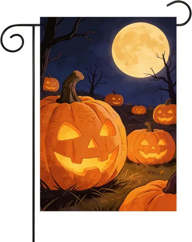 Bandera de Halloween de Halloween con diseño de calabaza de murciélago y luna, cementerio, jardín, patio, 12 x 18 pulgadas, doble cara decorativa