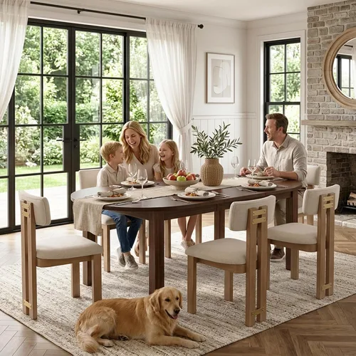 Miniatura 3 de HNY Juego de 4 sillas de comedor modernas de lino, tapizadas de tela beige, con marco de madera natural y respaldo curvado, sillas de madera sin
