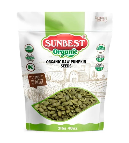 Sunbest Natural Semillas de calabaza crudas orgánicas de 48 onzas (bolsa a granel de 3 libras) – Semillas de pepita orgánicas sin sal del USDA, sin