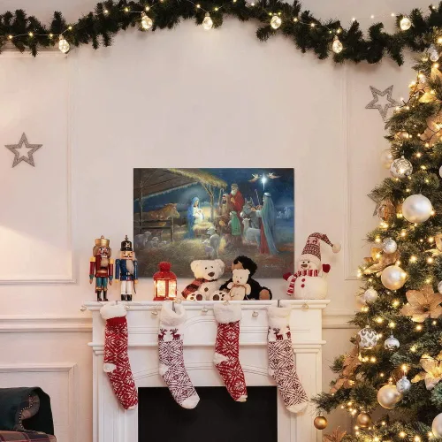 Miniatura 4 de Renditions Gallery El nacimiento de Jesús Cuadro religioso navideño de Jesucristo, María y José en el pesebre, en bastidor listo para exhibir