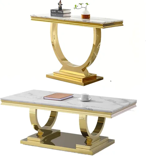 Miniatura 20 de Juego de 2 mesas de café de mármol, juego de mesa de sala de estar de 2 piezas que incluye 1 mesa auxiliar y 1 mesa auxiliar, moderna mesa auxiliar