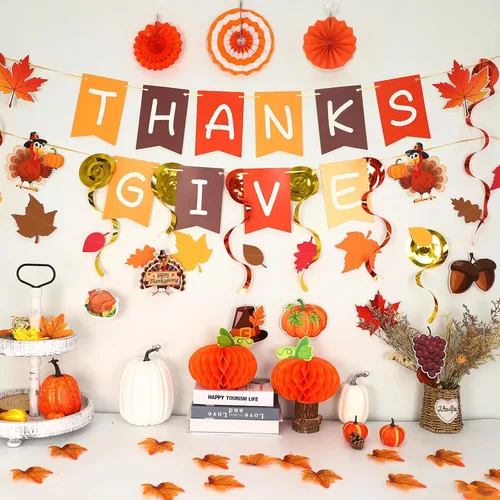 Miniatura 4 de 24 decoraciones de Acción de Gracias, decoraciones de fiesta de Acción de Gracias, incluye pancarta de dar gracias, guirnalda colgante de otoño