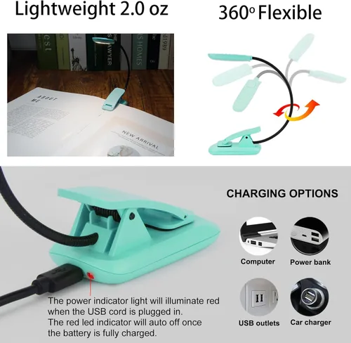 Miniatura 4 de BIGMONAT Luz recargable de lectura de libros, cuello flexible portátil, brillo ajustable con lectura de cuidado de los ojos, LED cálidos y blancos