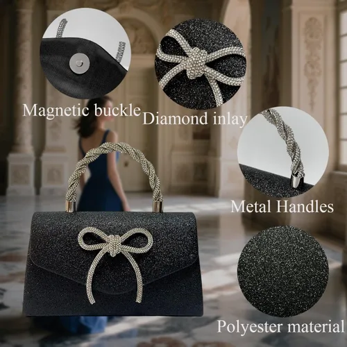 Miniatura 7 de Bolso de noche para mujer, embrague de lazo brillante, bolso formal de embrague de diamantes de imitación de boda adecuado para fiestas