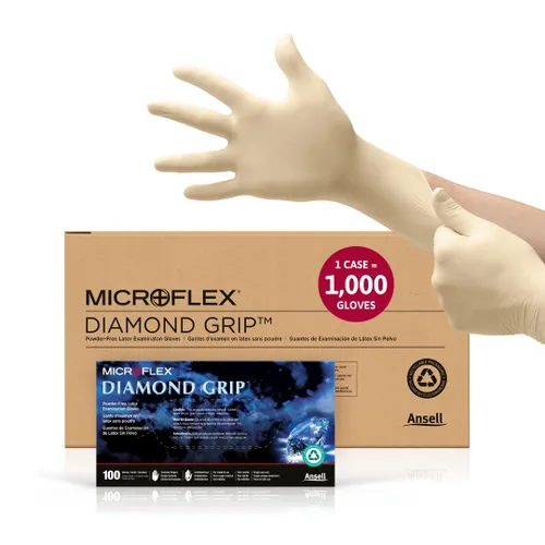 Ansell MICROFLEX Diamond Grip MF-300 - Guantes desechables de látex para automoción, atención médica, industrias de maquinaria, XL, natural (caja de
