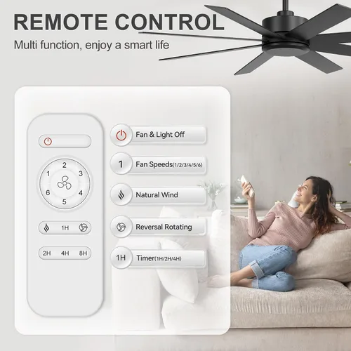 Miniatura 6 de Ventilador de techo de 52 pulgadas sin luz, moderno ventilador de techo con control remoto, motor de corriente continua de 8 aspas reversibles