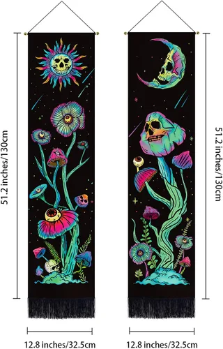 Miniatura 5 de Paquete de 2 tapices verticales de luz negra, sol y luna, calavera de hongos, fantasía, floral, fondo espacial de galaxia, para colgar en la pared