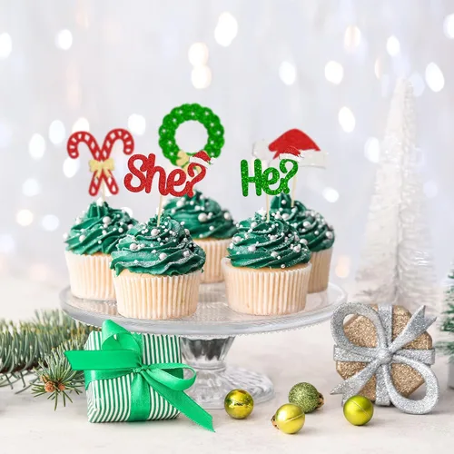 Miniatura 5 de Gyufise 24 piezas Adornos de pastel para revelación de género de Navidad con purpurina, sombrero navideño de Navidad, adorno de pastel de él o ella